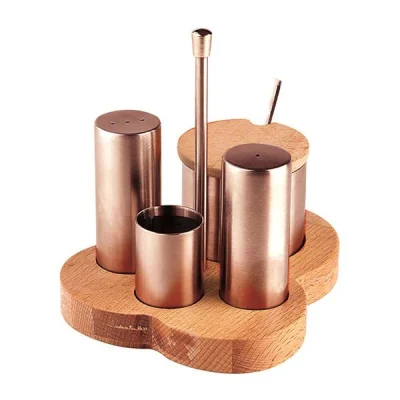Biradlı Grv-246-Bakır 4 Lü Tuzluk Baharatlık Takımı Standlı Bakır 15X12,5 Cm