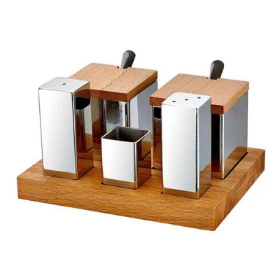 Biradlı Grv-48 Ahşap Standlı Kare 5 Li Tuzluk+Baharatlık Takımı Parlak-Mat