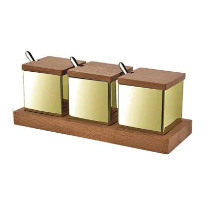Biradlı Grv-56-Altın Ahşap Standlı Kare 3 Lü Baharatlık Takımı Altın
